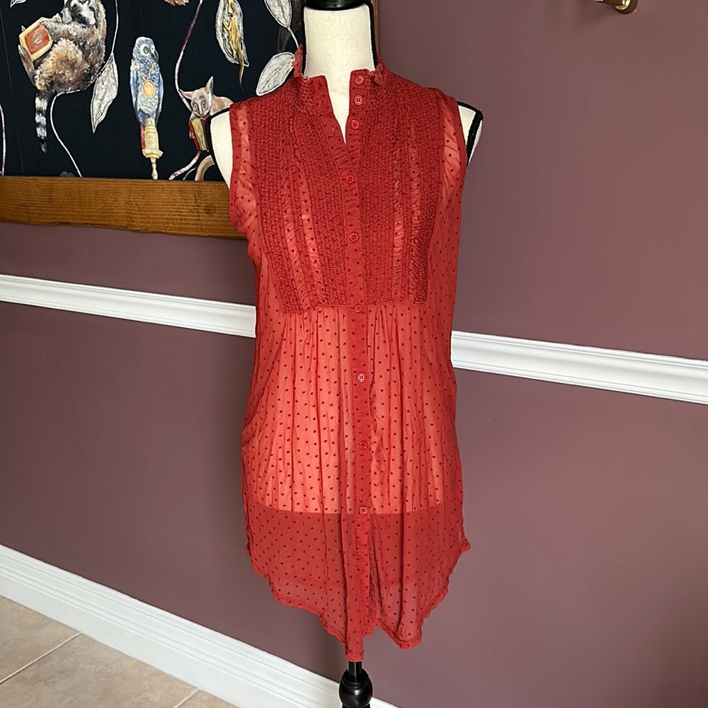 EUC Vanessa Virginia by Anthropologie Luella Sheer Cayenne Red Tunic Shirt sz XS